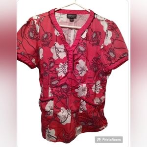 Rampage Scrub Top Floral Print Black Lace Trim